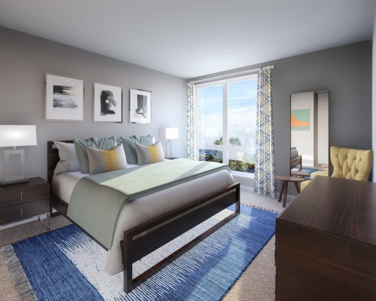 Modern bedroom at 50 Front Luxury Apartments in Binghamton, NY