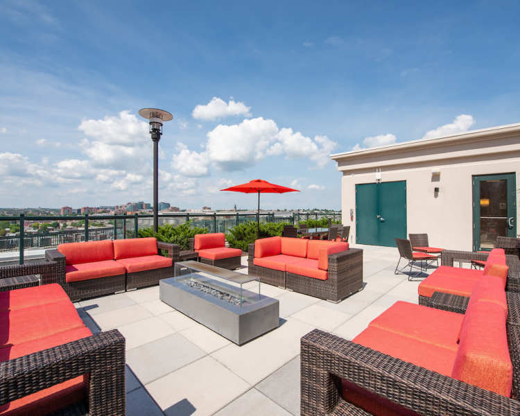 Rooftop patio seating at The Eden in Baltimore, Maryland