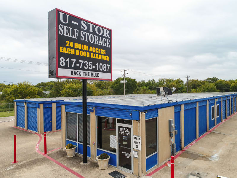 A view of the sign and leasing office at U-Stor Vickery in Benbrook, Texas