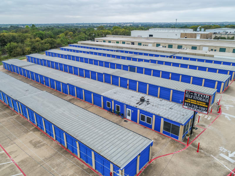 An aerial view of the storage units for rent at U-Stor Vickery in Benbrook, Texas