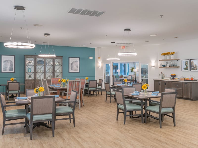 Cozy dining hall for resident use at Blossom Vale Senior Living in Orangevale, California. 