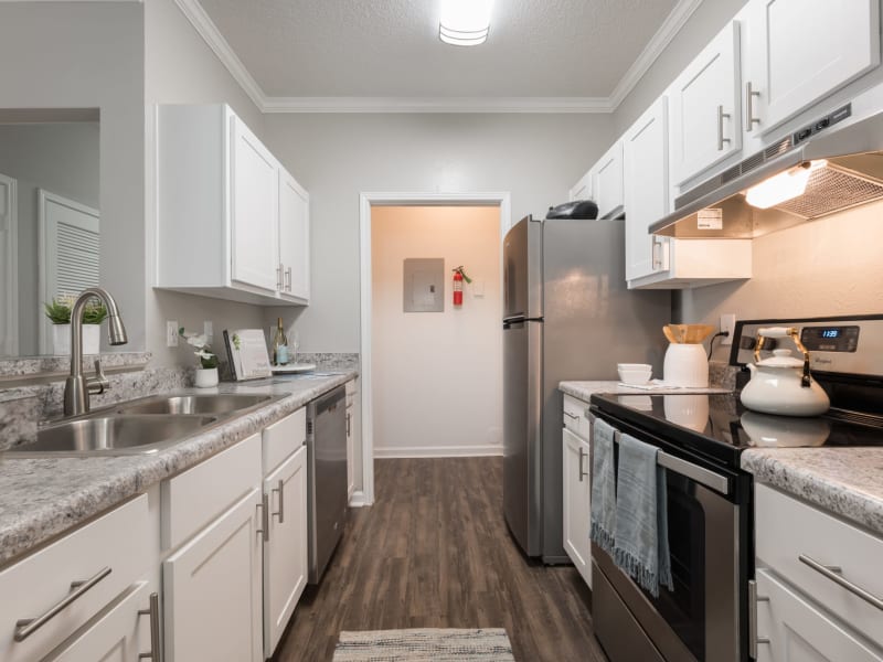 Hardwood flooring in a model apartment kitchen at Chace Lake Villas in Birmingham, Alabama