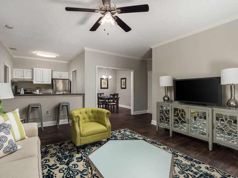 Hardwood flooring in a roomy model apartment at Brighton Park in Byron, Georgia