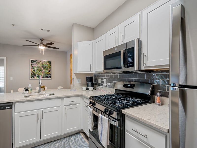 An apartment kitchen with light wood cabinets at Park at Kingsview Village in Germantown, Maryland