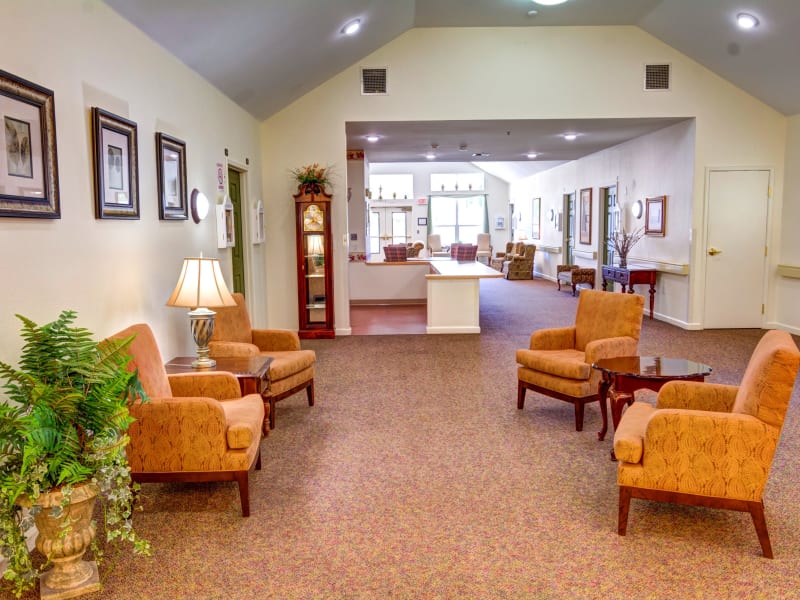 Sitting area with comfortable armchairs in the common room at Callahan Court Memory Care in Roseburg, Oregon