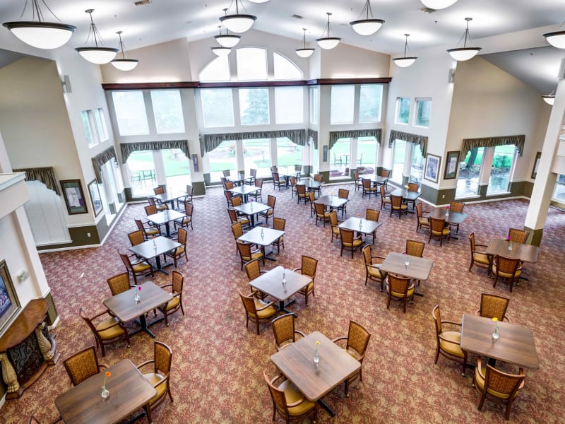 Overhead view of the dining room at Hawks Ridge Assisted Living in Hood River, Oregon