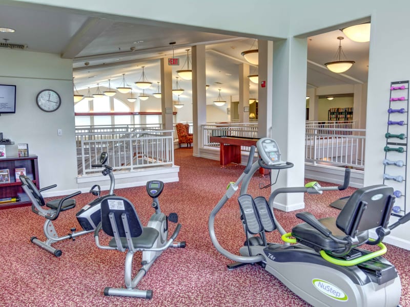 Cardio equipment in the fitness center at Hawks Ridge Assisted Living in Hood River, Oregon