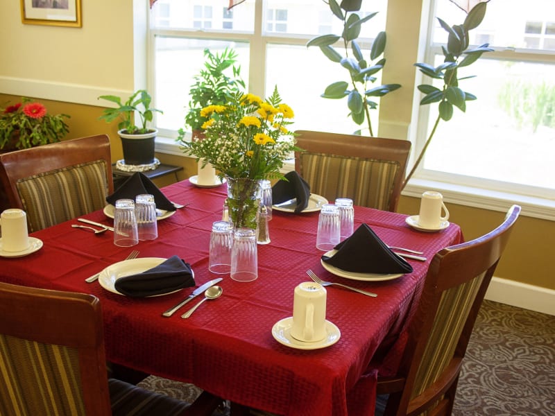 Table set for dinner in the dining room at Settler's Park Senior Living in Baker City, Oregon