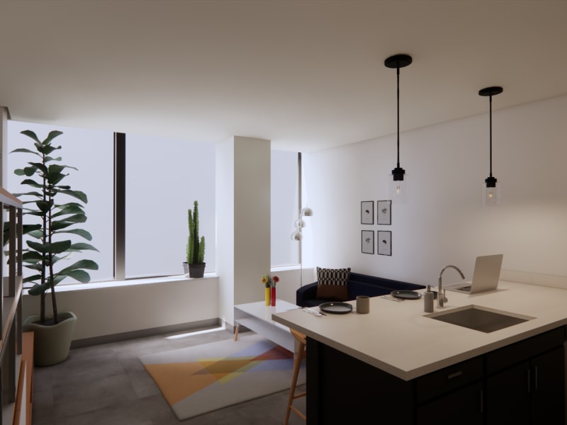 Living area with connecting kitchen at Altitude on Main, Richmond, Virginia