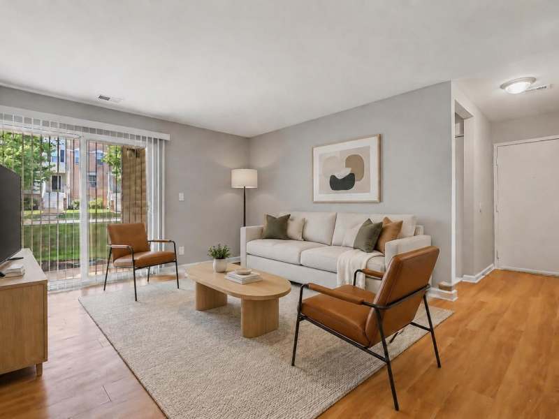 Well-furnished living room in a model apartment at Stonecreek Club in Germantown, Maryland
