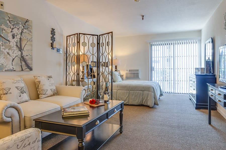 Beautifully decorated studio space in model home of The Commons at Woodland Hills' senior living building in Woodland Hills, California