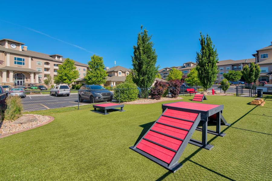 Onsite dog park with agility course at Meadowbrook Station Apartments in Salt Lake City, Utah