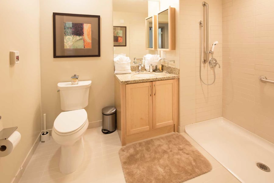 Resident bathroom at The Avant in Palo Alto, California.