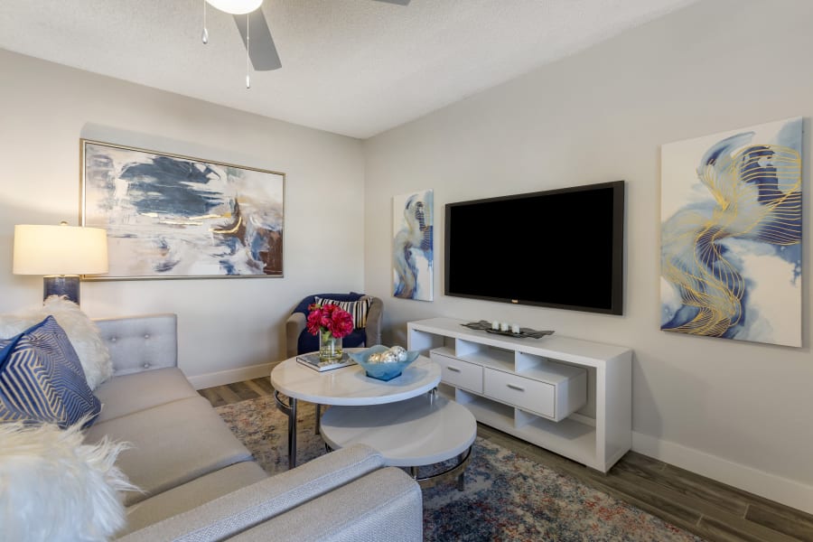 Model living room in a unit at Presidio North in Phoenix, Arizona