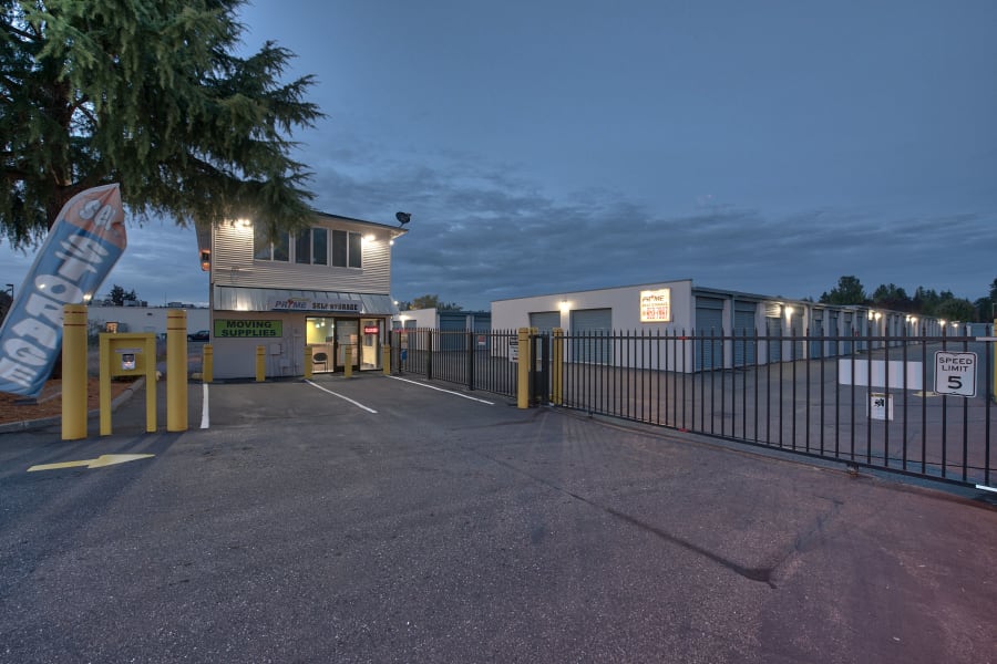 Wide driveways in the parking lot at Prime Self Storage in Marysville, Washington
