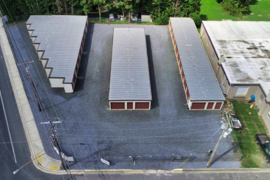 Aerial view of exterior units at Delmar Self Storage in Delmar, Maryland