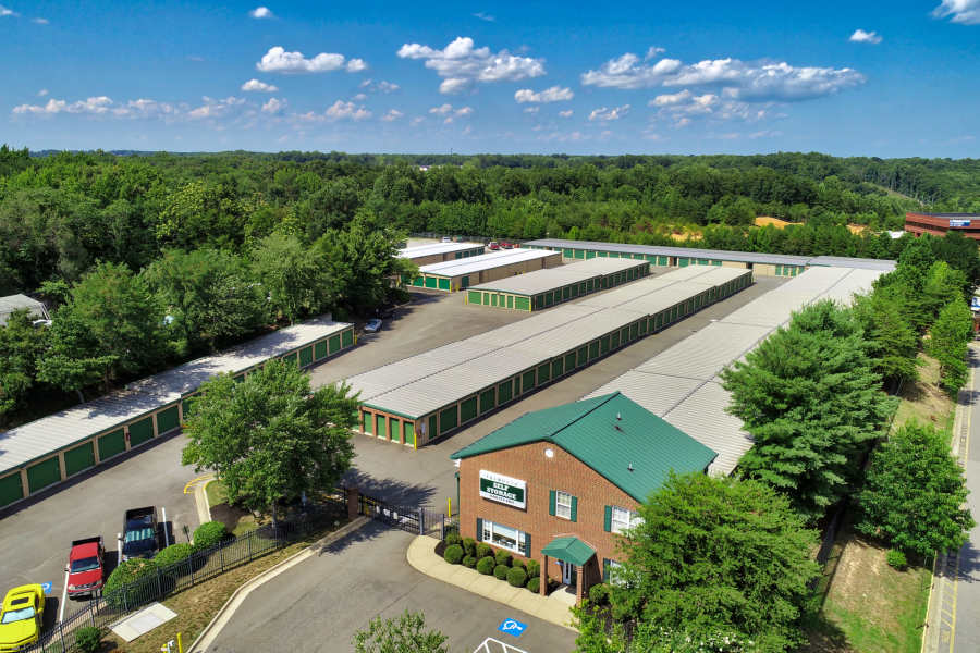 Aerial view of exterior units at Falmouth Self Storage in Fredericksburg, Virginia