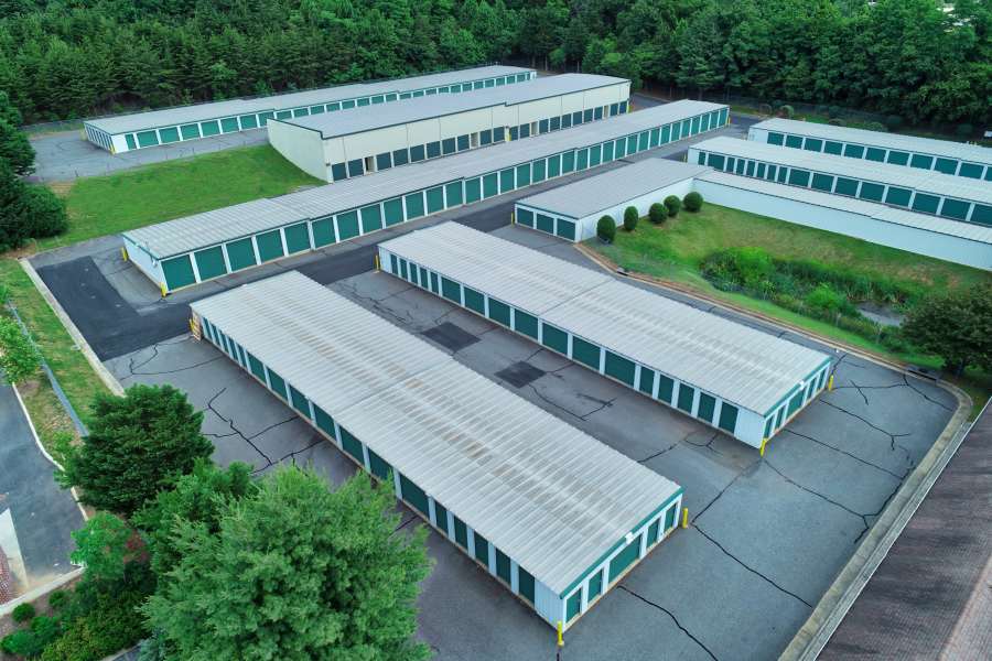 Aerial view of exterior units at North Charlottesville Self Storage in Charlottesville, Virginia