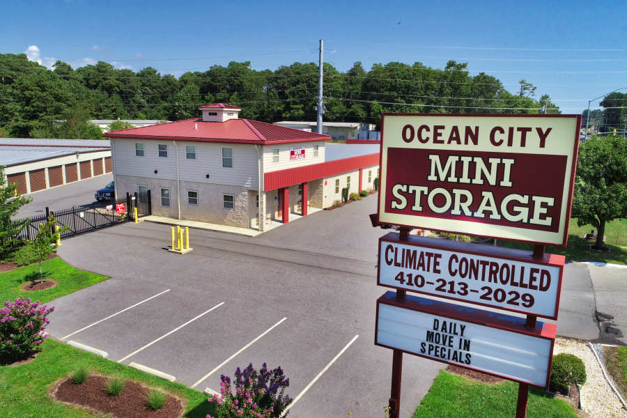 Exterior of drive-up units at Ocean City Mini Storage in Ocean City, Maryland