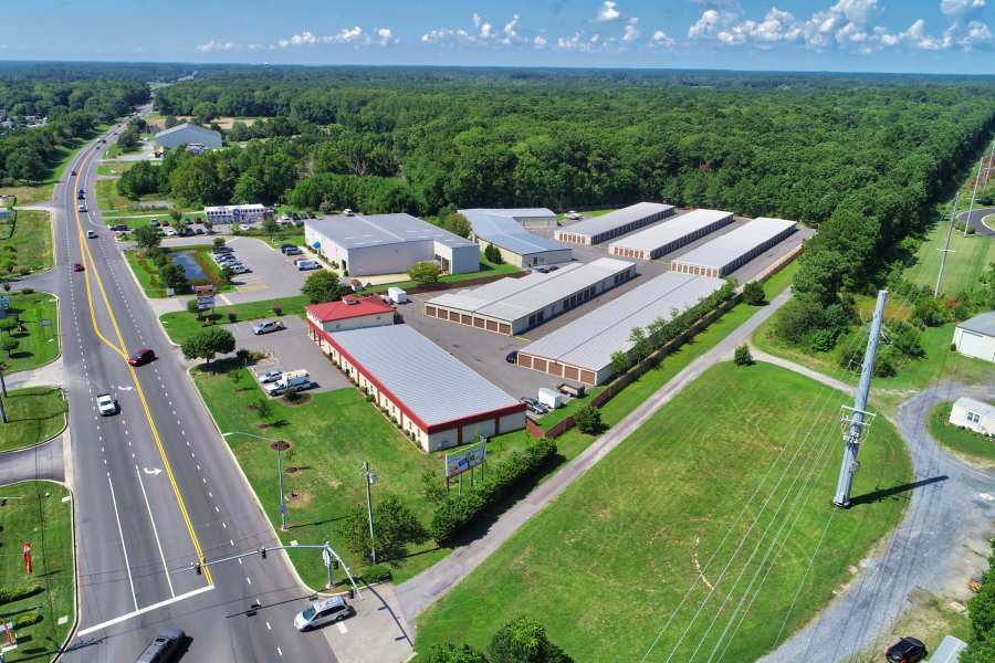 Aerial view of exterior units at Ocean City Mini Storage in Ocean City, Maryland