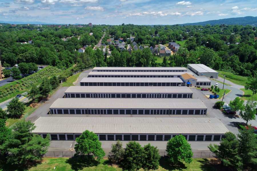 Aerial view of exterior units at Charlottesville Self Storage in Charlottesville, Virginia