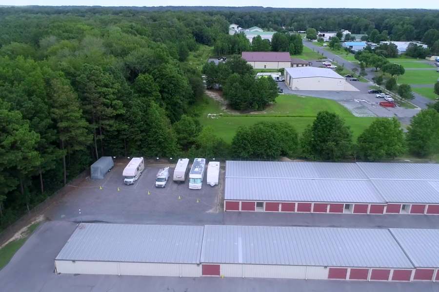 An aerial view of exterior units and RV parking spaces at Salisbury Route 50 Self Storage in Salisbury, Maryland