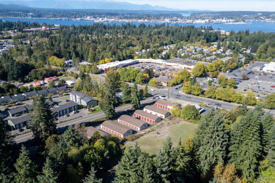 Aerial view of storage facility overlooking the sound.
