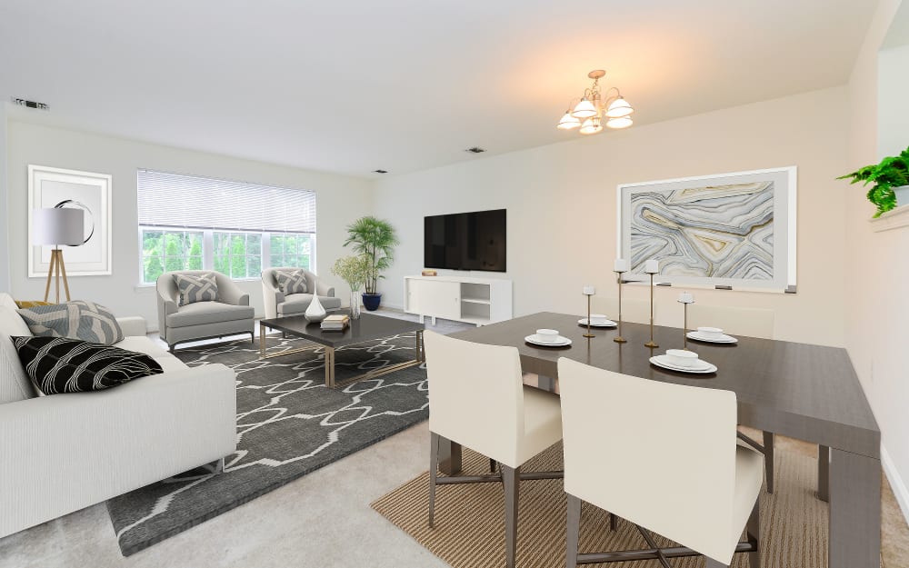 Spacious, modern living room at Mews at Annandale Townhomes in Annandale, New Jersey