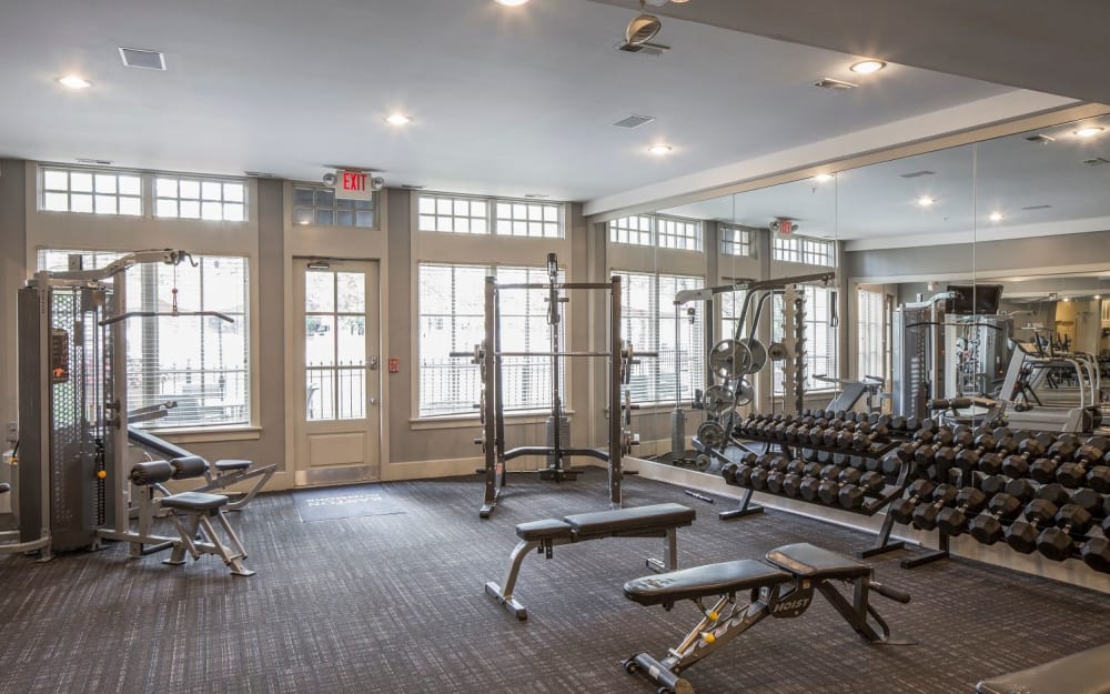 Well-equipped fitness center with cardio equipment at Easton Commons Apartments & Townhomes in Columbus, Ohio