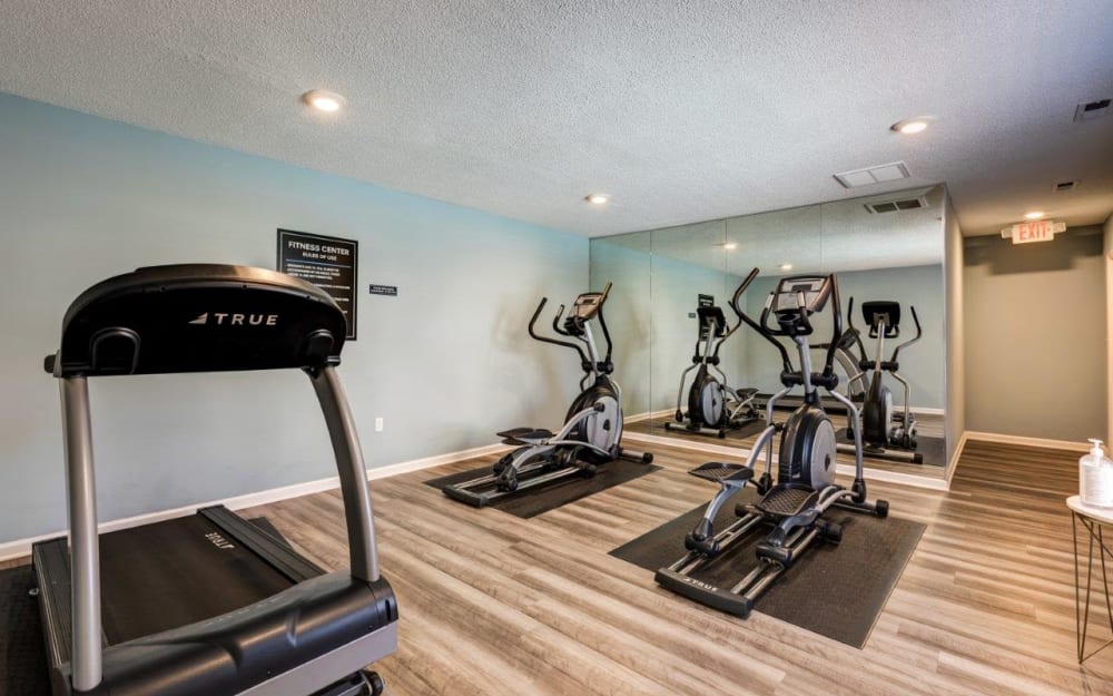 Well-equipped fitness center with cardio equipment at Kannan Station Apartment Homes in Kannapolis, North Carolina