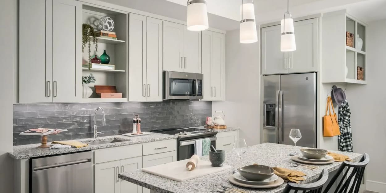 Modern finishes in apartment kitchen at The Jackson at Viridian in Arlington, Texas