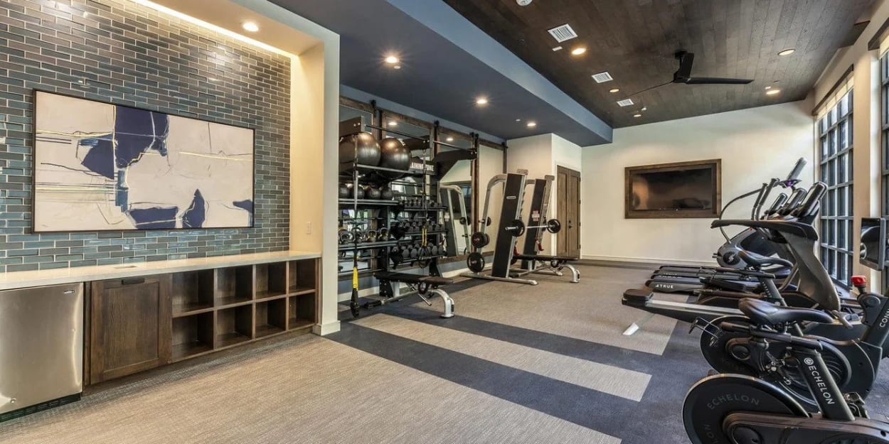 Inside the fitness center at Ross + Peak in Dallas, Texas