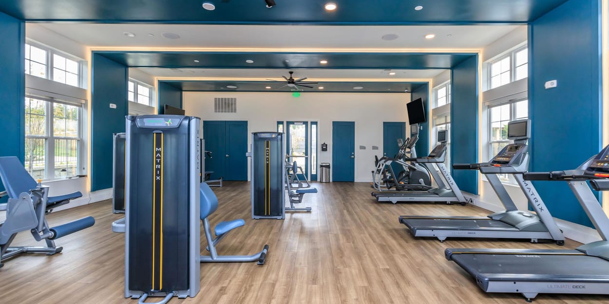 Cardio and weight-lifting equipment in the fitness center at Mandolin at Stream Valley in Franklin, Tennessee