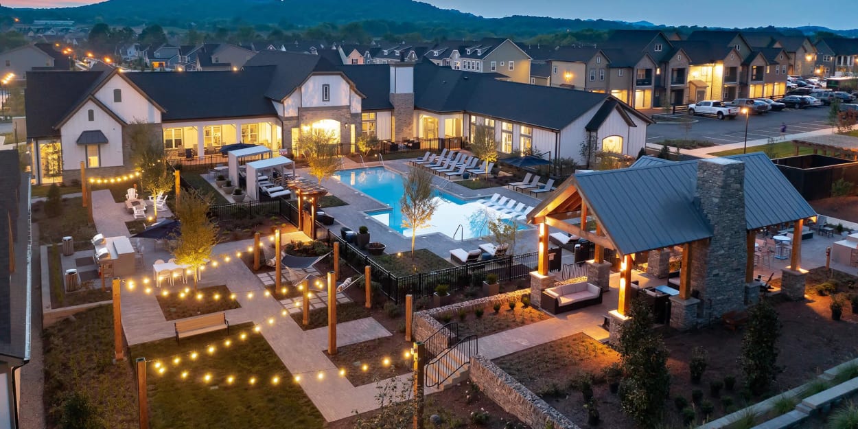 Ariel view of the pool at dusk at Mandolin at Stream Valley in Franklin, Tennessee