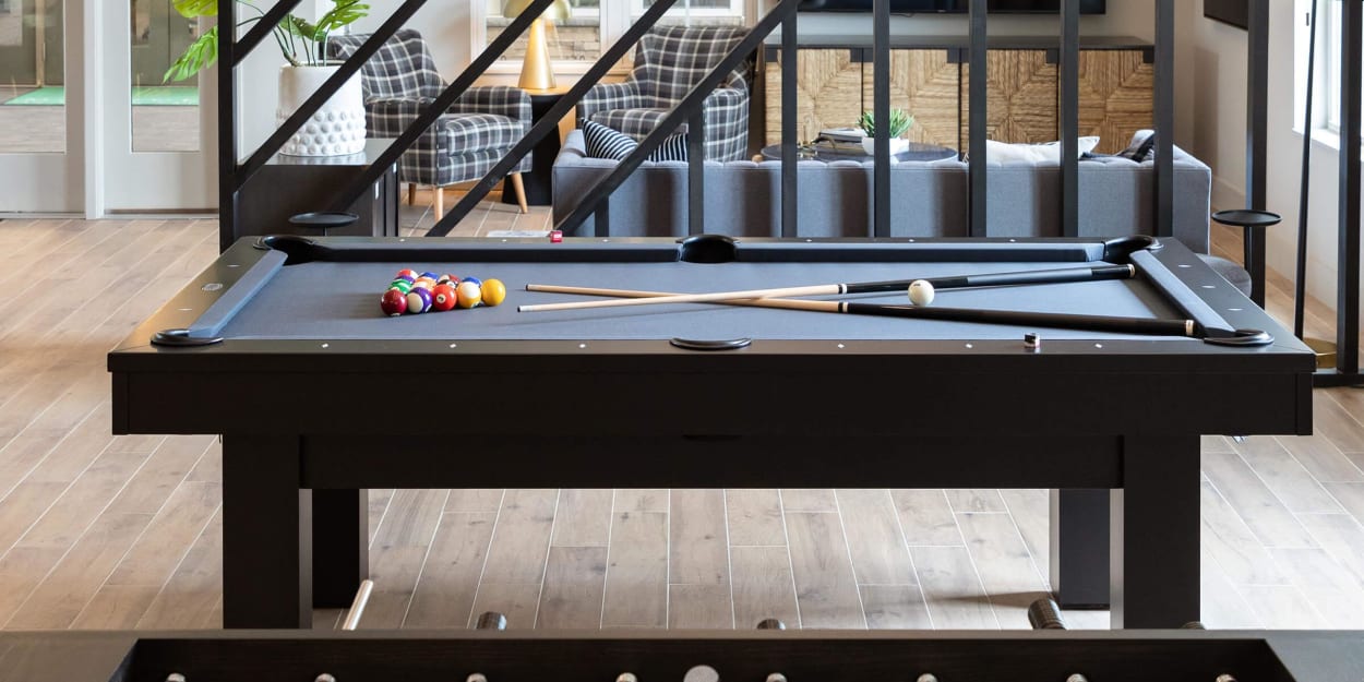 Pool table in the modern resident clubhouse at Mandolin at Stream Valley in Franklin, Tennessee
