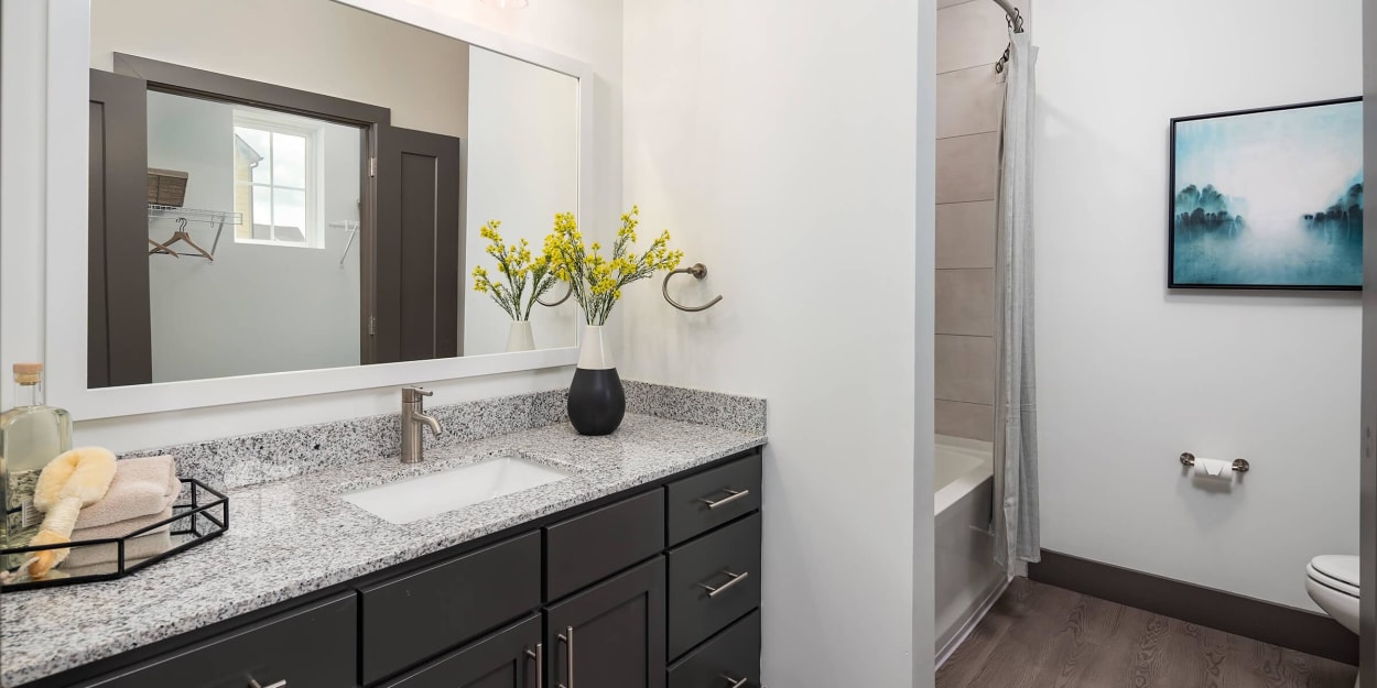 Apartment bathroom with modern finishes at Mandolin at Stream Valley in Franklin, Tennessee