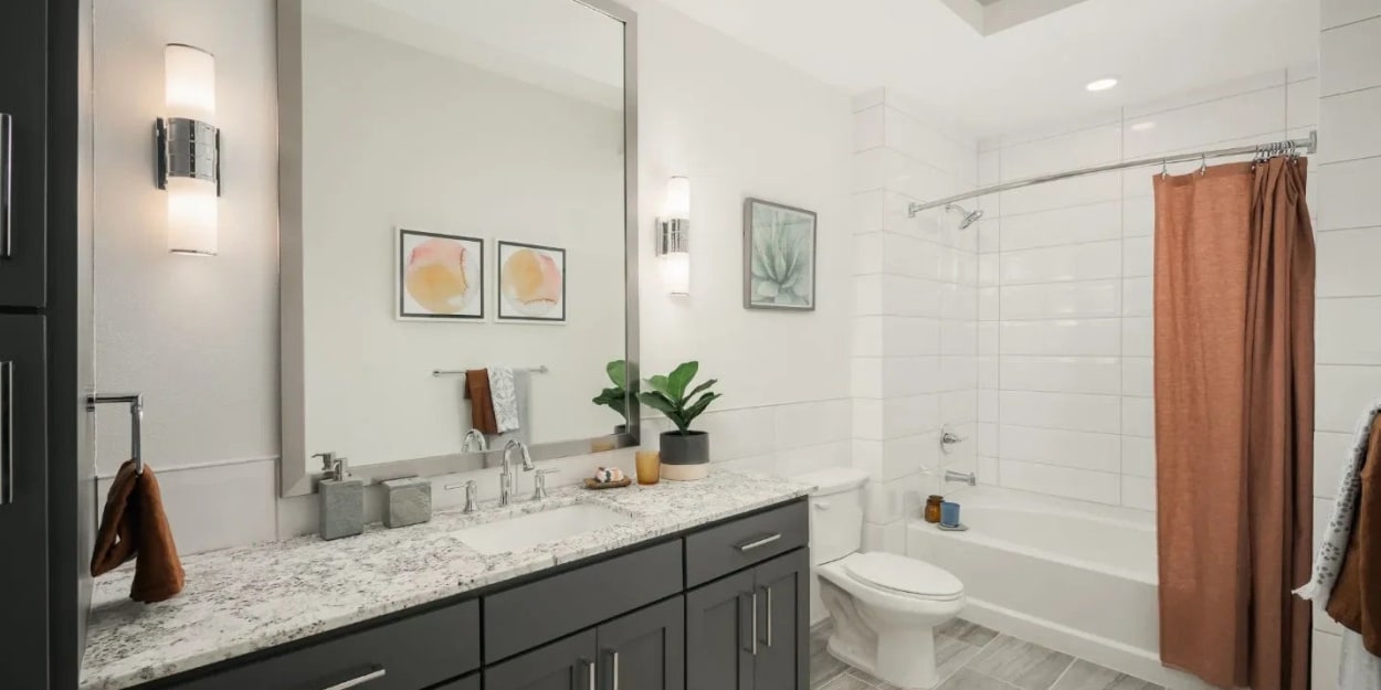Modern finishes in an apartment bathroom at The Jackson at Viridian in Arlington, Texas