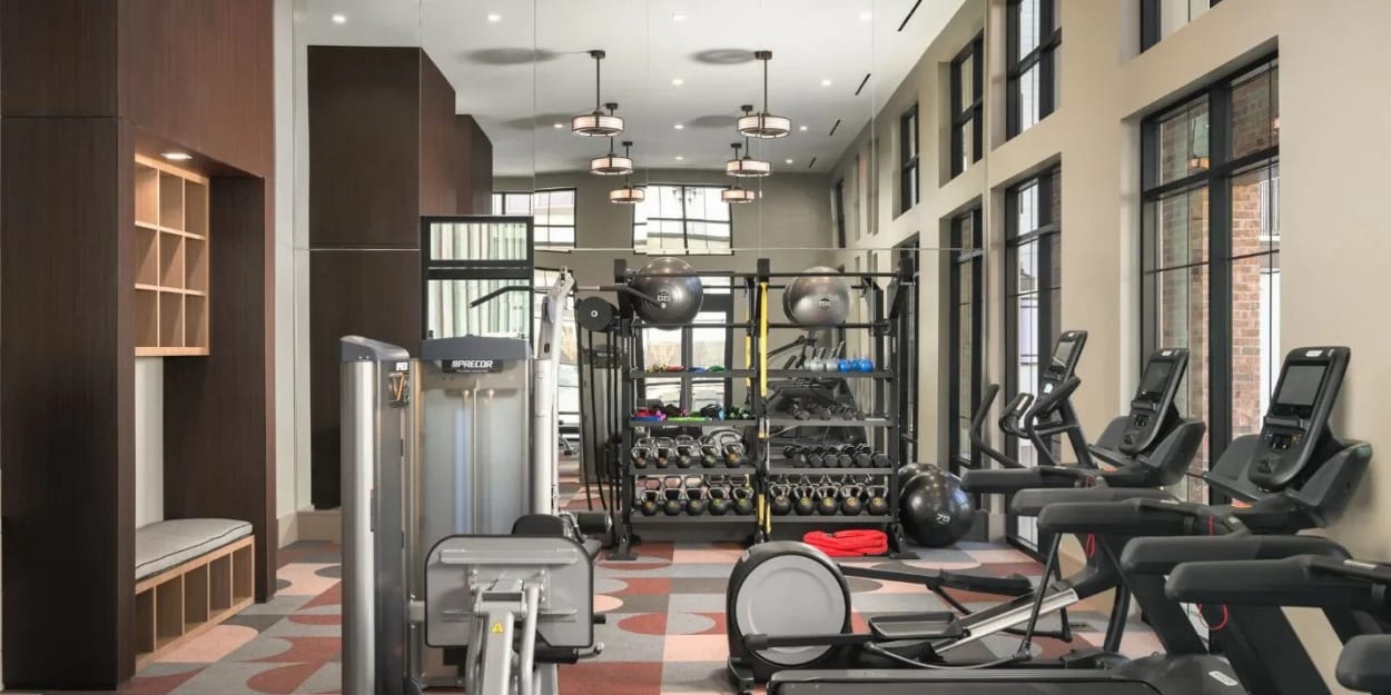 Fully-equipped fitness center at The Jackson at Viridian in Arlington, Texas