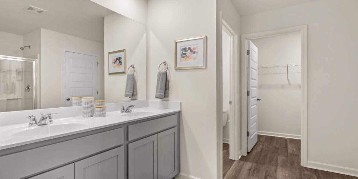 A resident bathroom at The Lakes at Statham in Statham, Georgia