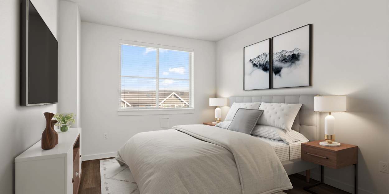 A bedroom at The Meadowlark at Fairview in Fairview, Oregon