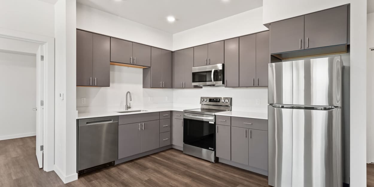 Kitchen with stainless steel appliances.