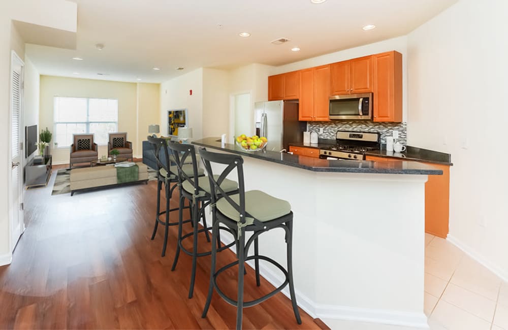 Breakfast bar in a kitchen of a home at Cranford Crossing Apartment Homes in Cranford, New Jersey