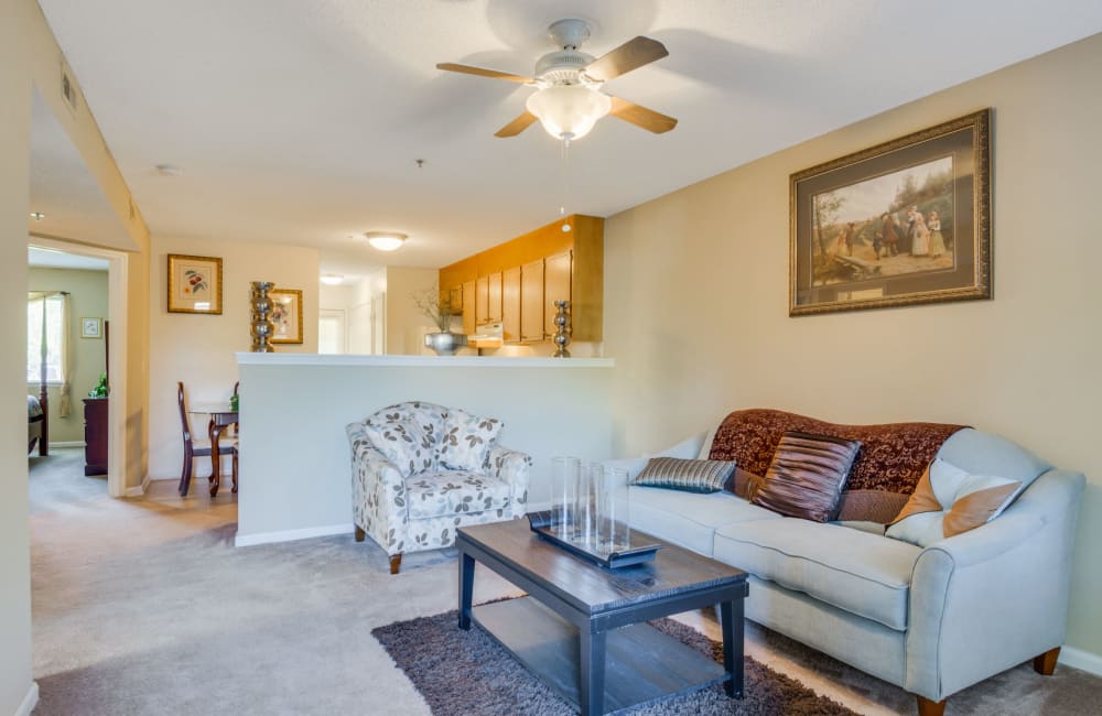 A living room with a ceiling fan at Woodbrook Apartment Homes in Monroe, North Carolina
