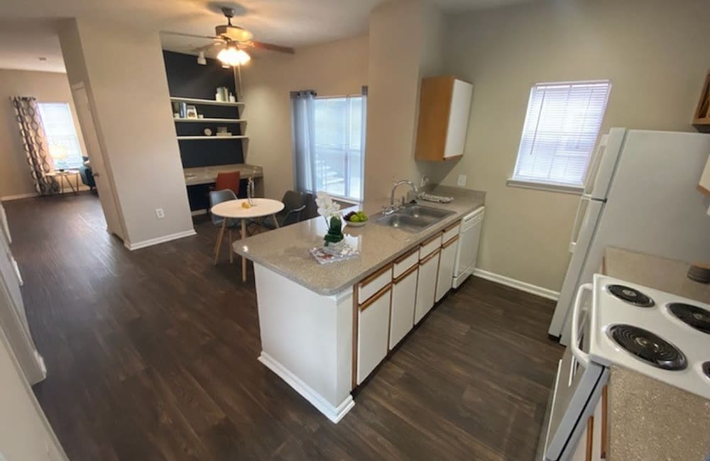 Model kitchen at Legacy of Cedar Hill Apartments & Townhomes in Cedar Hill, Texas.