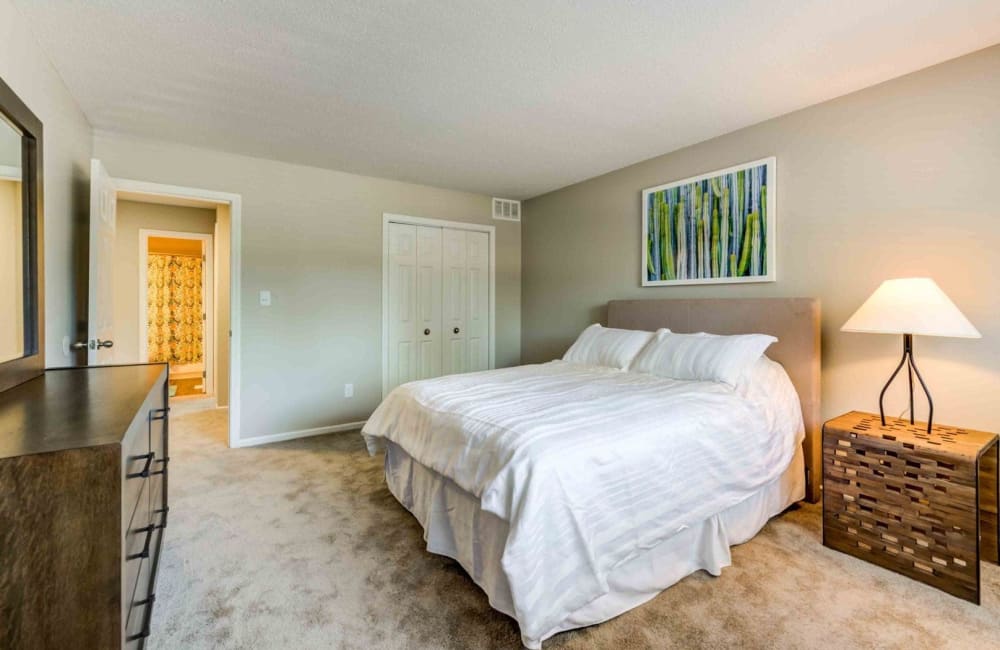 Model bedroom at Auburn Place in Greenwood, Indiana