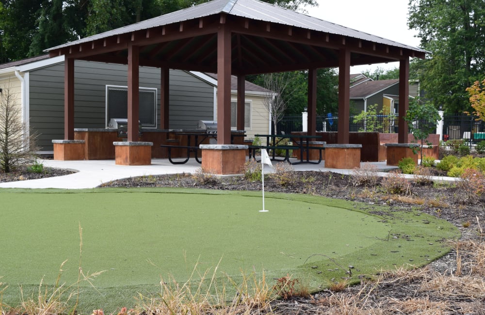 Putting green and a grilling and picnic pavilion at Parkside at Castleton Square in Indianapolis, Indiana