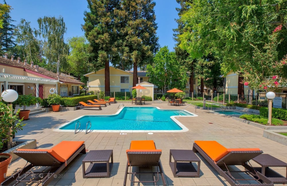 lounge chairs by the pool at Evelyn Gardens in Sunnyvale, California