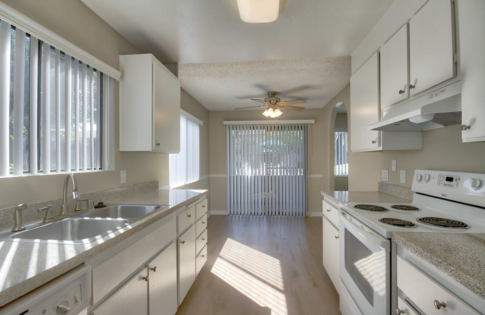 Kitchen in an apartment at Westlake Village in Costa Mesa, California