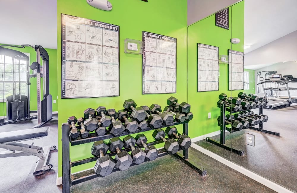 Free weights at Chason Ridge Apartment Homes in Fayetteville, North Carolina