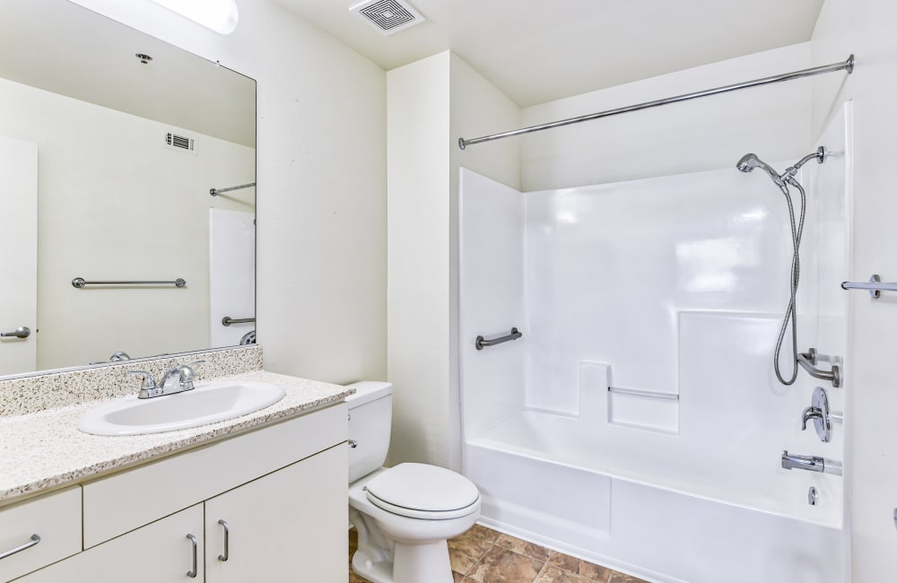 Apartment bathroom at Vista Alicante in La Mirada, California